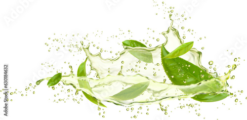 Green tea leaves and drink splash with drops. Vector spill of matcha beverage or drink water with 3d realistic green leaves, falling drops and bubbles. Natural herbal tea beverage wave splash
