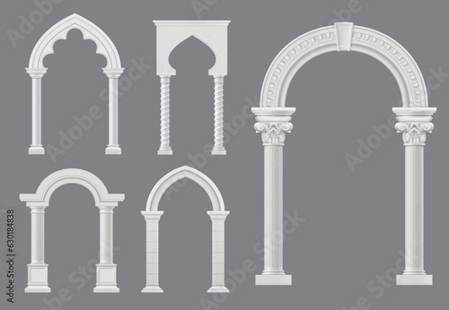 Castle and palace white marble arch, medieval archway or antique greek roman and arabian columns, vector architecture. Medieval arches on pillars, ancient stone entrance gates or marble archway