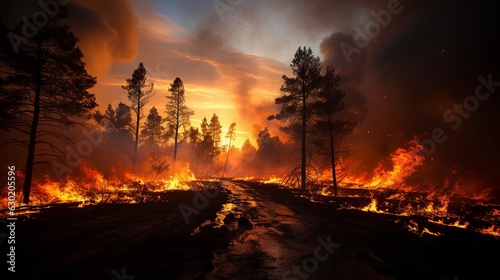photographs of a forest fire. trees on fire, fire, and smoke.