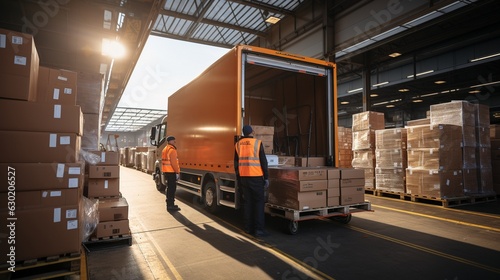 With a female manager using a tablet computer, a worker loads cardboard boxes into a delivery truck in a logistics retail warehouse. Online purchases, orders, and