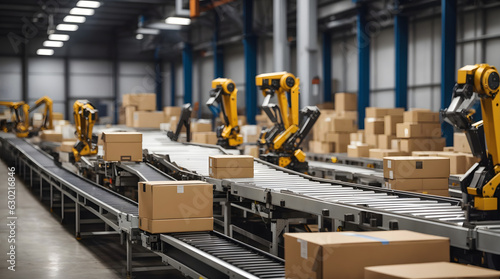 産業用ロボット、ロボットアーム、工場で商品を仕分ける｜Industrial robots, robotic arms, sorting goods in factories. Generative AI