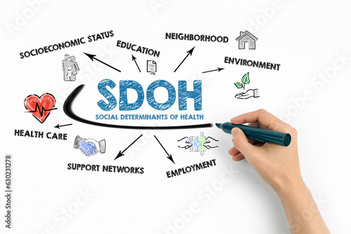 SDOH Social Determinants Of Health Concept. Chart with keywords and icons on white background