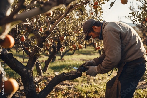 Focused farmer meticulously pruning a pear tree in an orchard, a crucial step for fruitful yield
