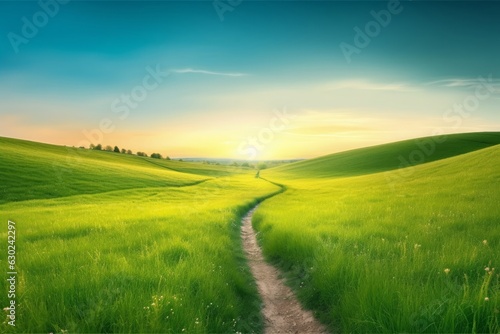 Picturesque winding path through a green grass field in hilly area in morning at dawn against blue sky with clouds. Natural panoramic spring summer, Generative AI