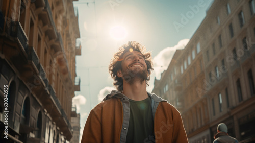 A happy young caucasian man looking up at the sky alone in a busy city, sun shining