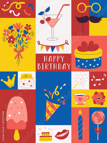 Happy Birthday card. Colorful poster with bright decorative elements. Poppers, flowers, cocktail, sweets. Flat cartoon vector illustration on color background.