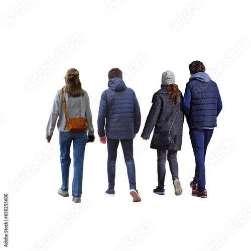 groupe de quatre amis en promenade, vus de dos, il fait froid c'est l'hiver.