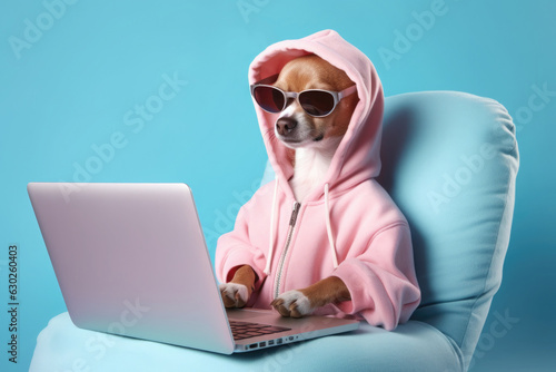 Dog wearing pink clothes sitting at laptop on the blue background