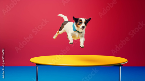 Trampolining Dog. Colorful. Empty Copy space on the side. Generative AI. 