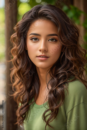 Mujer latina con pelo oscuro ojos verde y piel morena en fotografia de retrato 