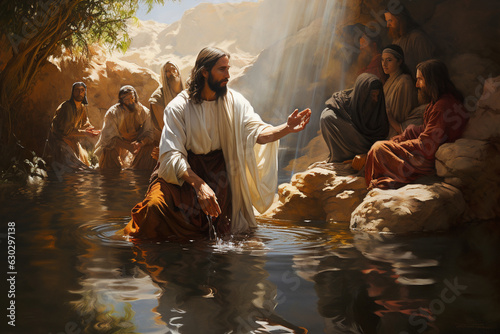 Jesus being baptized in the Jordan River, symbolizing the gateway to God's kingdom through repentance and renewal Generative AI