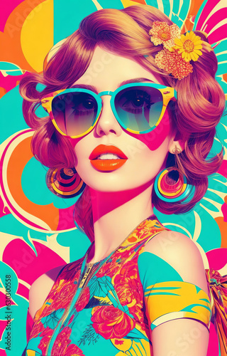 Woman wearing a trendy dress and sunglasses Pop art style summer vibes - Generative Ai