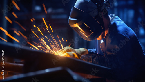 Welder on Steel Structure in Factory. Skilled Industry Professional Ensuring Safety and Precision in Manufacturing with Welding Technology and Protective Gear.