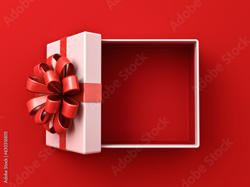 Blank white gift box open or top view of white present box tied with red ribbon bow isolated on dark red background with shadow minimal conceptual 3D rendering