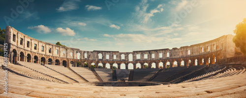 Historical amphitheater stones round building. panorama photo