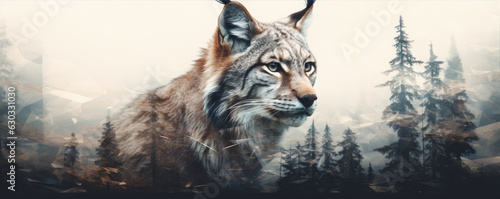 Majestic eurasian lynx design for t shirt print. on white background. wide banner