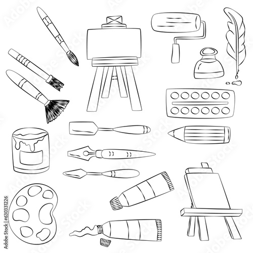 Hand drawn Art Supplies. Flat design style vector illustration.