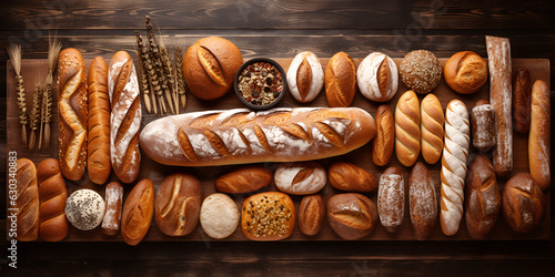 Delicious freshly baked bread assortment on dark rustic background, Various of breads on the wooden table background. Food and bakery concept. Full of breads theme. Generative AI 