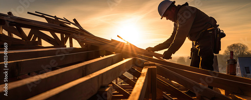 Roof worker or carpenter building a wood structure house construction.