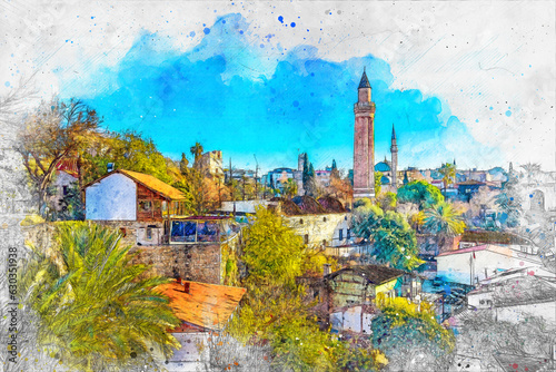 Kaleici district and Yivli Minaret view in Antalya