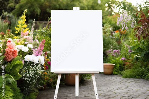 A white blank easel with summer garden with flowers around, easel mock up