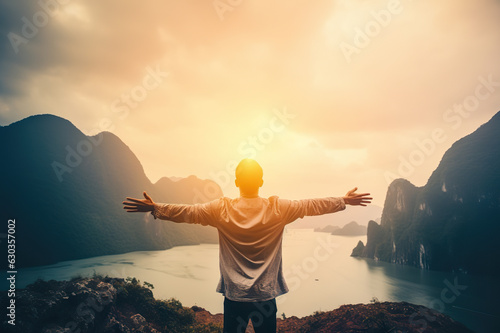 Freedom and Travel Concept. Happy Man Raising Hands on Mountain Top with Sunlit Abstract Background. created with Generative AI