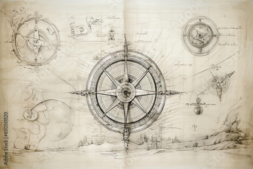 Nautcal compass and vintage map sketch drawing. Exploration and sailing concept. Poster design. Generative Ai