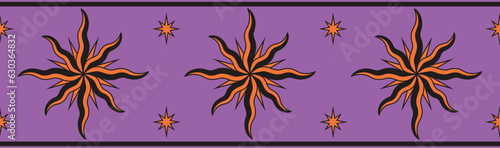 Modern gothic tarot style repeated border with stars and suns. Vector esoteric design. 