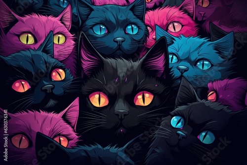 the entire gang of cats, in the style of purple and cyan, graphic design influence. Generative AI
