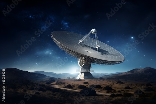 Milky way and big antenna dish. Powerful telescope for astronomy searching. AI generative