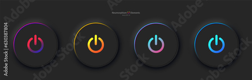 A set of four round buttons with the power symbol in black. User interface elements for mobile devices in the style of neumorphism, UI, UX. Vector EPS 10.