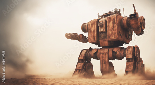 immagine di vecchio possente robot industriale meccanico gigante abbandonato nel deserto in una tempesta di sabbia, vista dal basso