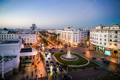 Rabat ville by sunset at Ave Mohammed V, Alawite Square from above, Rabat, Morocco