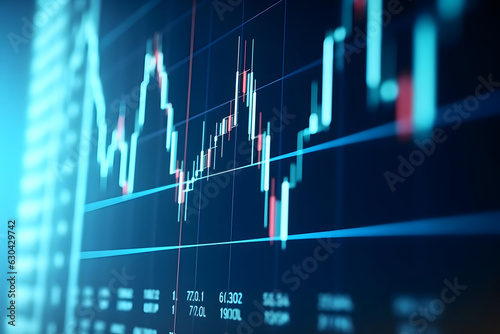 Closeup of financial chart display with generic volatile asset candlesticks graph, neural network generated photorealistic image