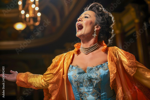 Opera diva sings, interpreting the music's emotional depths with grace and poise