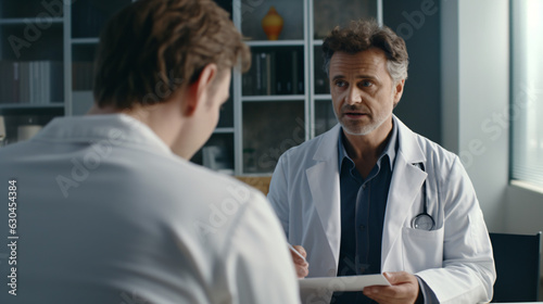 A professional physician in a white medical uniform talks to discuss results or symptoms and gives a recommendation to a male patient and signs a medical paper at an appointment visit in the clinic