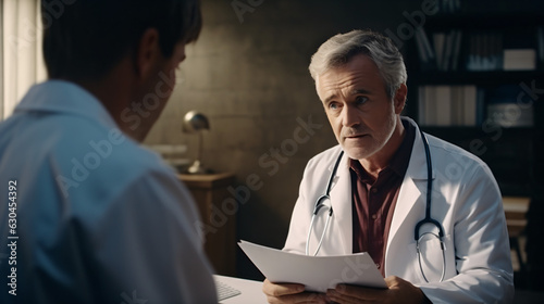 A professional physician in a white medical uniform talks to discuss results or symptoms and gives a recommendation to a male patient and signs a medical paper at an appointment visit in the clinic