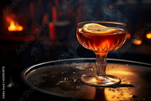 Alcoholic Martinez Cocktail with Gin. Classic Beverage with Bourbon on Beautiful Bar Background -AR 3:2: Generative AI