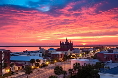 Captivating Pensacola Sunset: Colorful Skyline and Architecture with Gulf Coast in View (AR 3:2): Generative AI