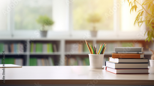 Stack of books and cantovars on wooden table and blurred bookshelf in library room, education, back to school. Generative AI