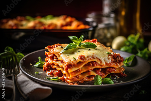 Piece of tasty hot lasagna on a plate. Tradishional Italian food