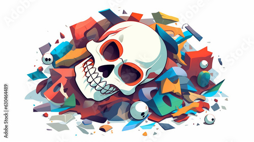 Halloween skull, piece of past, tiles of suffering, pain, burning in blue light of colorful emotions, love, AI GENERATIVE