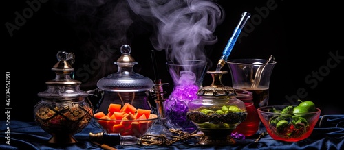 picture of a hookah with a glass flask, a metal bowl, and shisha producing colored smoke on a table against a black background. also empty space for additional content.