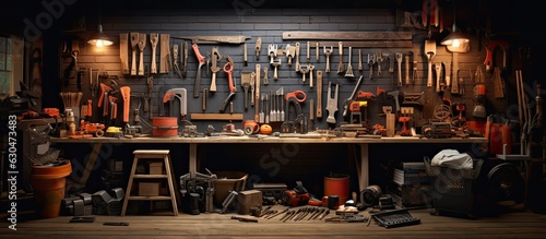 Maintenance and repairing concept with a collection of various tools and available space for duplication.