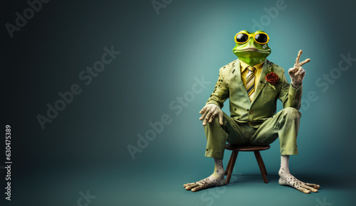 Cool looking frog wearing funky fashion dress - jacket, tie, glasses sitting on small chair. Wide banner with space for text left side. Stylish animal posing as supermodel. Generative AI