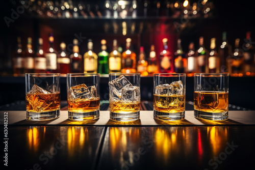 Flight of whiskey for tasting on a bar counter with a blurred background made with AI generative technology