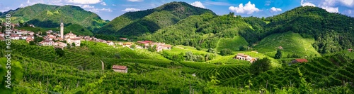 famous wine region in Treviso, Italy. Valdobbiadene hills and vineyards on the famous prosecco wine route and scenic villages