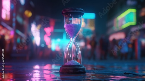 An hourglass in a futuristic cityscape.