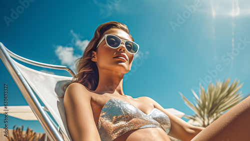 topmodel woman relaxing in a beach chair near a pool