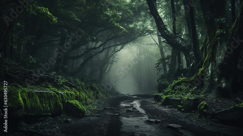 dunkler, grüner Wald mit Nebel